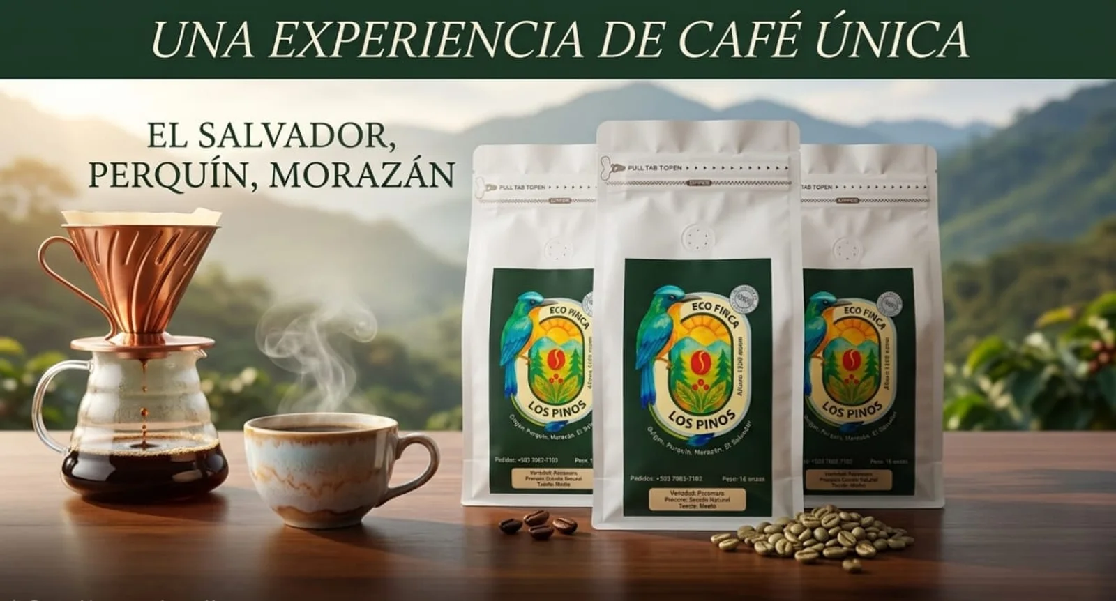 Bolsas de Café Los Pinos frente a las montañas de Perquín, Morazán